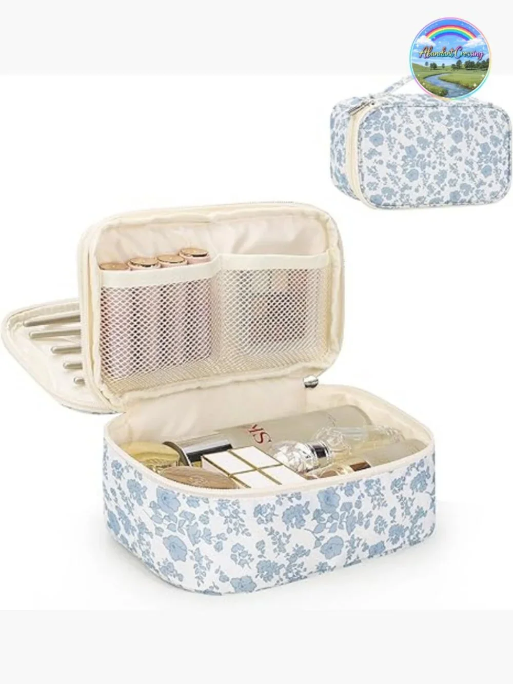 Double Layer Travel Makeup Bag with Brush Compartments, Portable Cosmetic